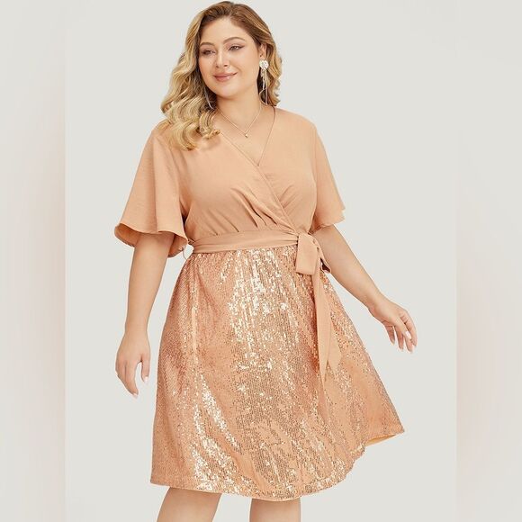 BloomChic Peach Sequin Wrap Dress - Picture 1 of 7